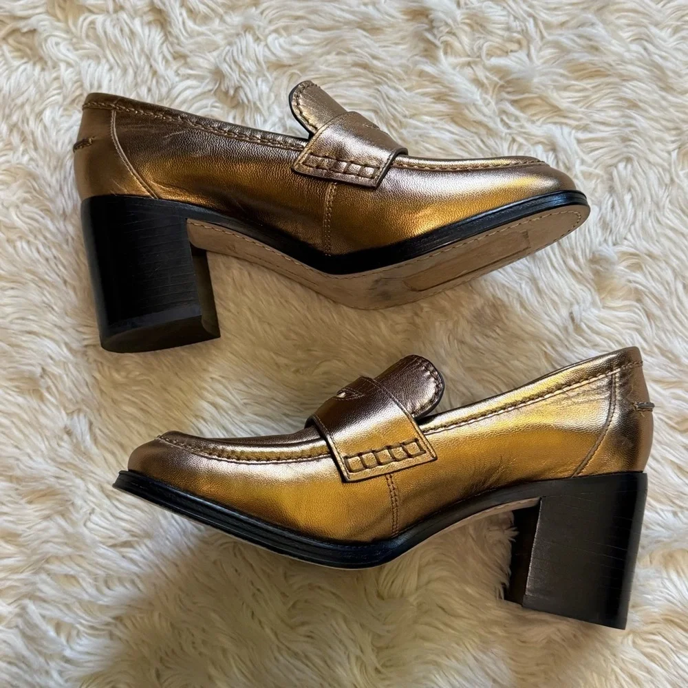 Veronica Beard Penny Block Heel Pump in Dark Gold Leather - Size 6.5 - Picture 4 of 8